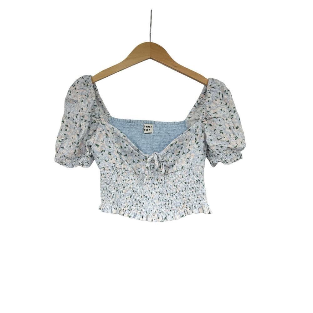 SUNDAY BEST Aritzia Sinatra Smocked Puff-Sleeve Blouse Size Medium Floral Sage - Picture 1 of 8